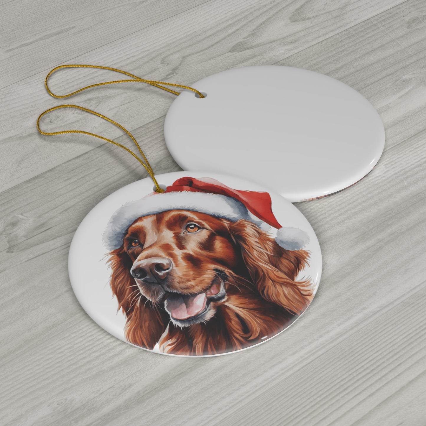 Ceramic Ornament - Irish Setter Dog With Santa Hat      Item #920418