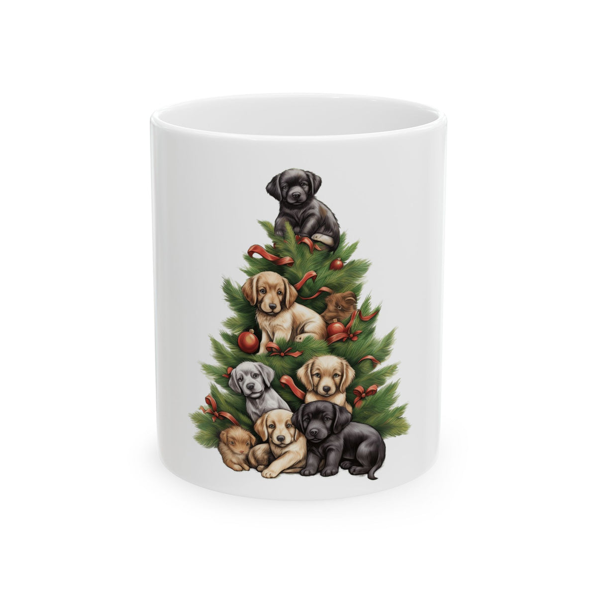 Holiday Puppy Christmas Tree Mug — Cute Labrador Puppy Stack Ceramic Coffee Cup 11oz  Item #233737