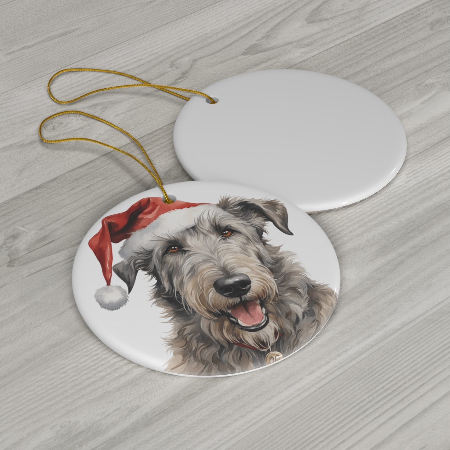 Ceramic Ornament - Irish Wolfhound Dog With Santa Hat      Item #334952