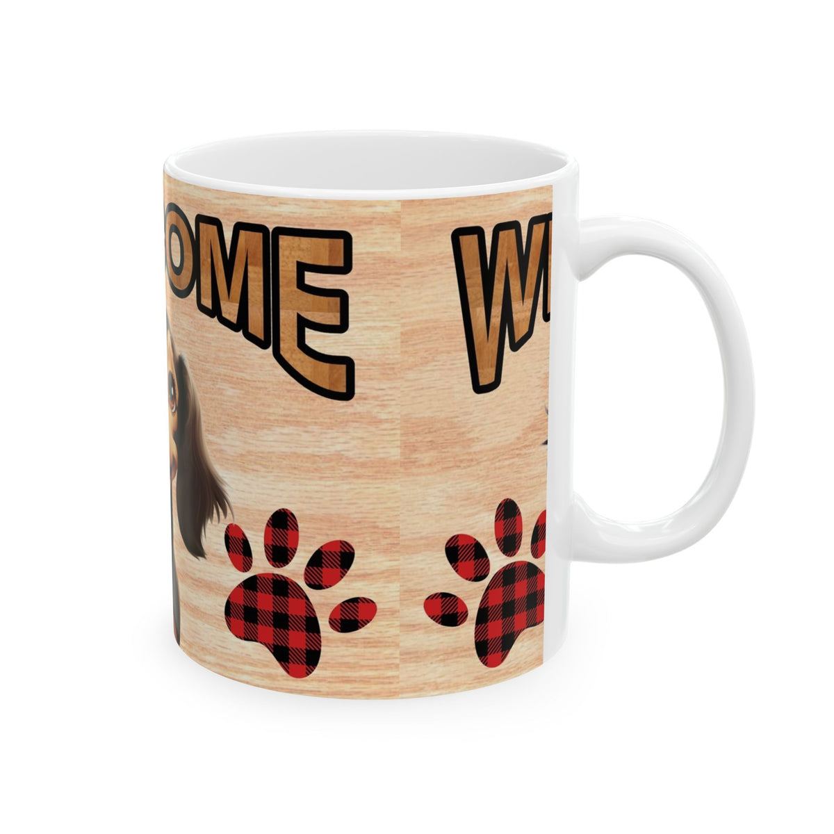 Welcome Dog Illustration Ceramic Mug – Cute Paw Print Coffee Cup 11oz    Item #23895