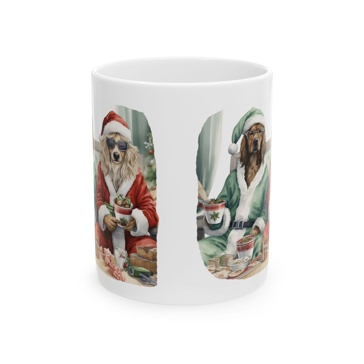 Christmas Dogs Sitting In Chair Dress In Red & Green Coat and Hat Holiday Ceramic Mug 11oz   Item #857496