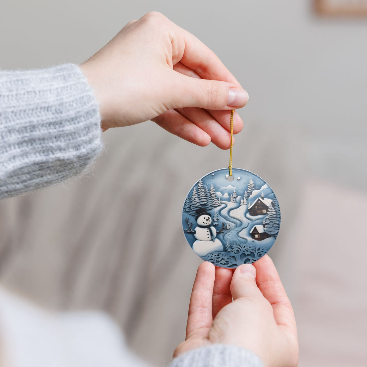 Ceramic Christmas Ornament – Snowy Winter Wonderland with Snowman and Cabins    Item #849978