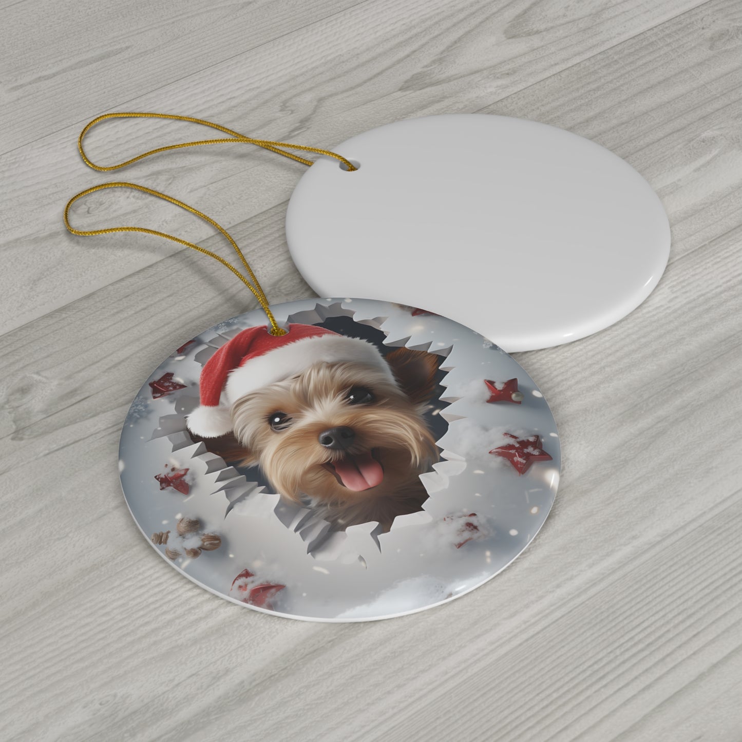 3D Dog With Santa Hat Breaking Out Ceramic Disc Ornament               Item #6111458