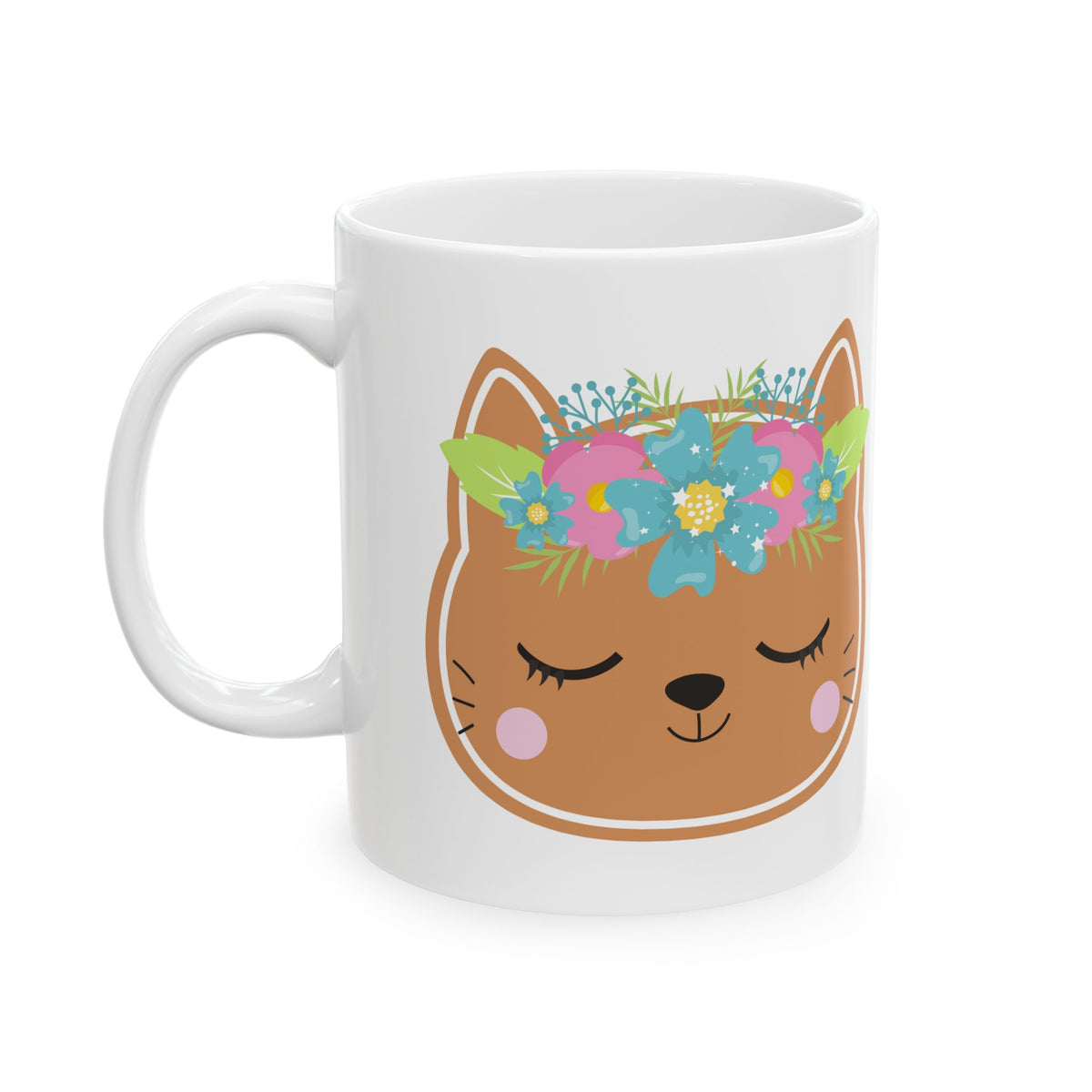 Floral Cat Face Mug — Cute Animal Ceramic Coffee Cup 11oz  Item #827843