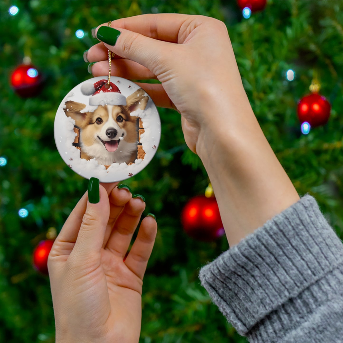 3D Dog With Santa Hat Breaking Out Ceramic Disc Ornament            Item #236799