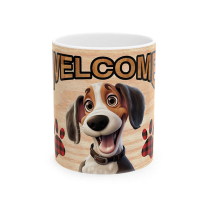 Welcome Dog Illustration Ceramic Mug – Cute Paw Print Coffee Cup 11oz    Item #720587