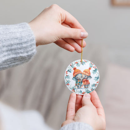 Ceramic Christmas Ornament with Cozy Elephant Couple    Item #101641