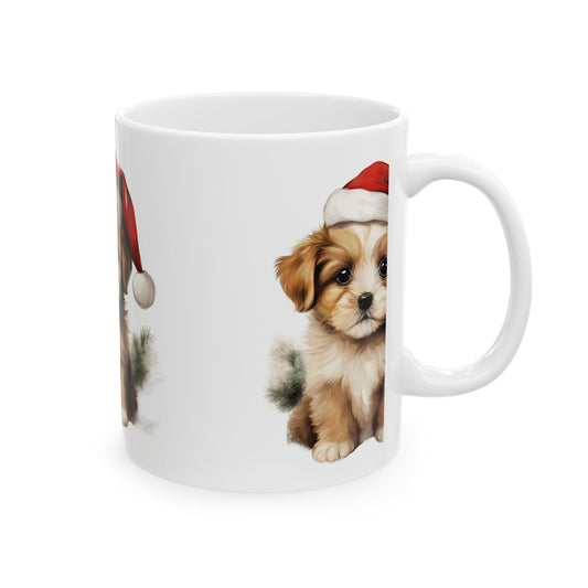 Cute Christmas Puppy Mug – Holiday Santa Hat Dog Ceramic Coffee Cup 11oz  Item #83789