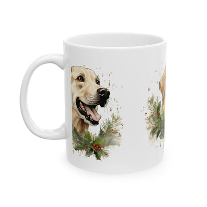 Holiday Dog Ceramic Mug — Festive Wreath Dog Coffee Cup 11oz  Item #273317