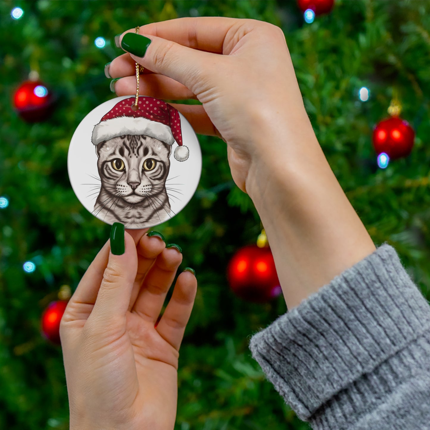 Egyptian Mau Cat With Santa Hat Ceramic Ornament     Item #713724