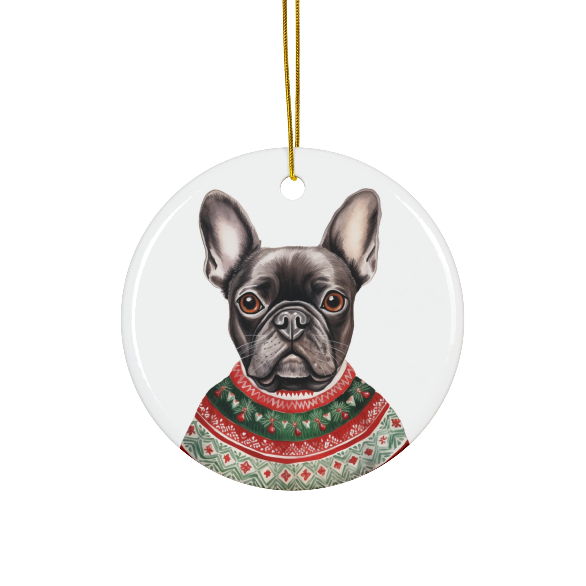 Dog With Christmas Sweater Ceramic Disc Ornament           Item #9069385