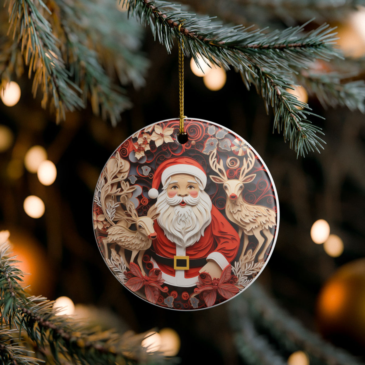 Santa and Reindeer Christmas Ceramic Ornament   Item #621707