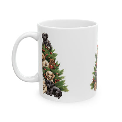 Holiday Puppy Christmas Tree Mug — Cute Labrador Puppy Stack Ceramic Coffee Cup 11oz  Item #233737
