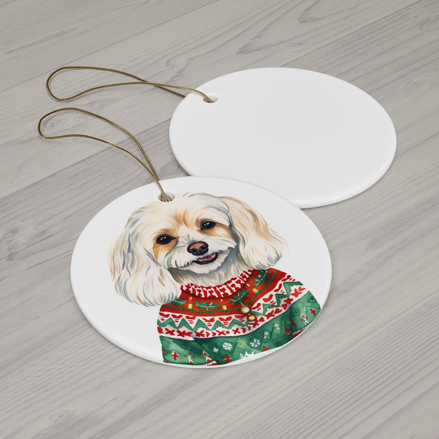 Dog With Christmas Sweater Ceramic Disc Ornament           Item #7609663