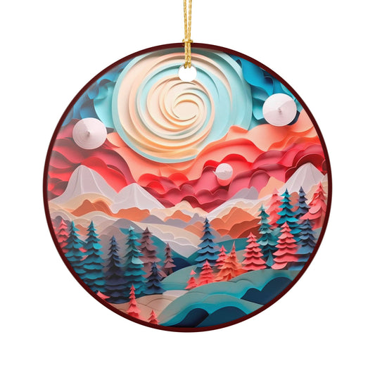Ceramic Ornament – Colorful Mountain Forest Landscape Holiday Decoration    Item #667764