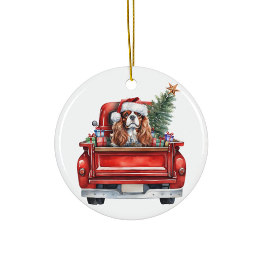 Cavalier King Charles Spaniel Christmas Dog In Red Truck Ceramic Disc Ornament        Item #2442445