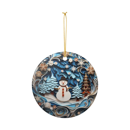 Ceramic Christmas Ornament with Snowman and Winter Forest Design    Item #776807