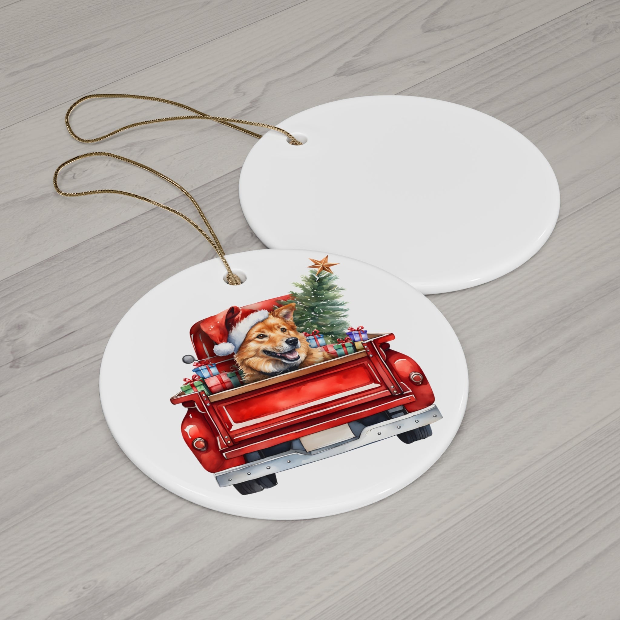 Finnish Spitz Christmas Dog In Red Truck Ceramic Disc Ornament         Item #6704457 - Buckshot's Bargain Barn