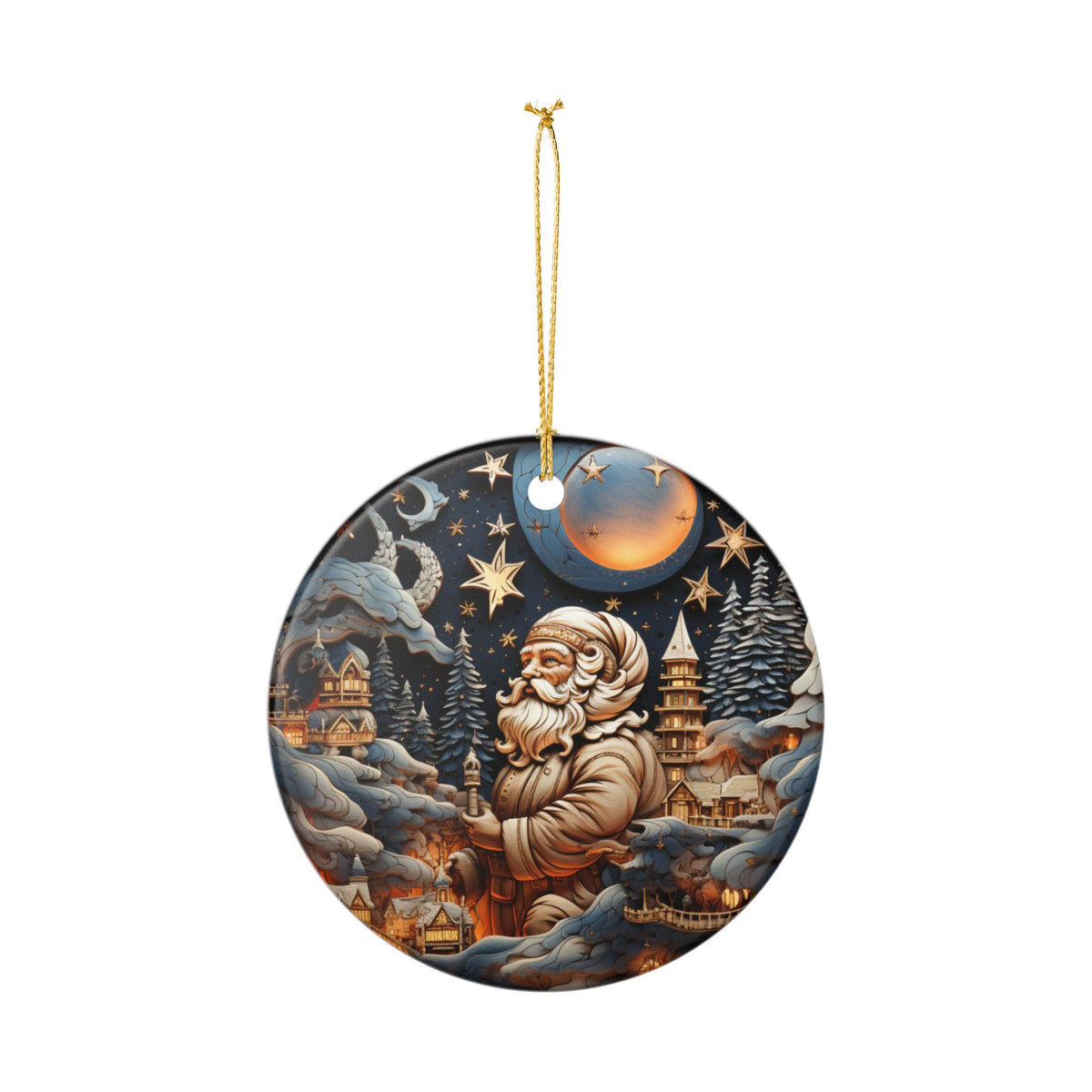 Santa Moonlit Winter Village Ceramic Christmas Ornament    Item #49163