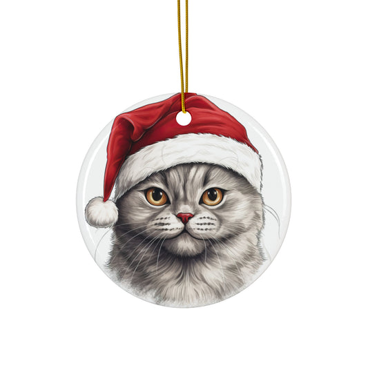 Scottish Fold Cat With Santa Hat Ceramic Ornament     Item #183398