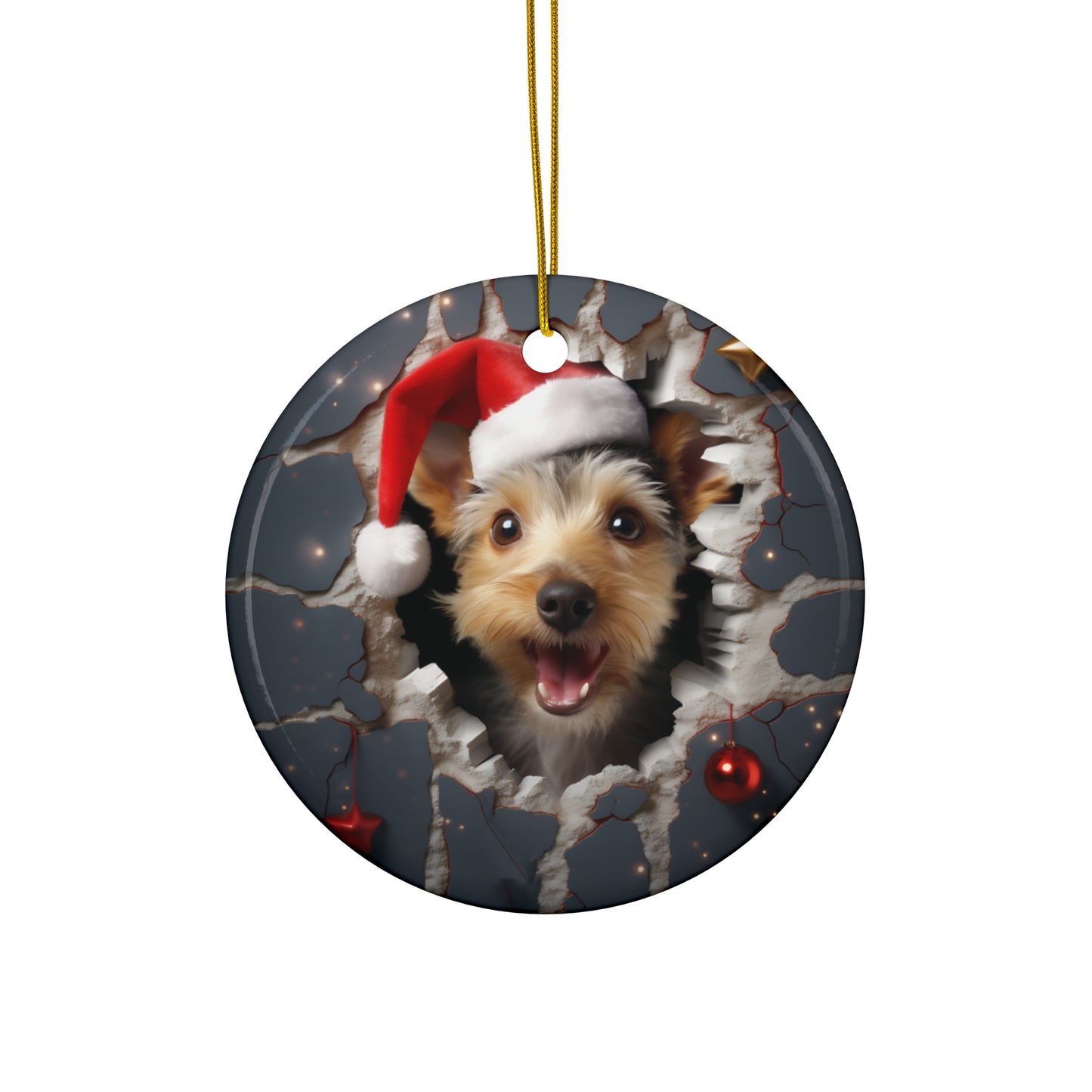 3D Dog With Santa Hat Breaking Out Ceramic Disc Ornament             Item #4924394