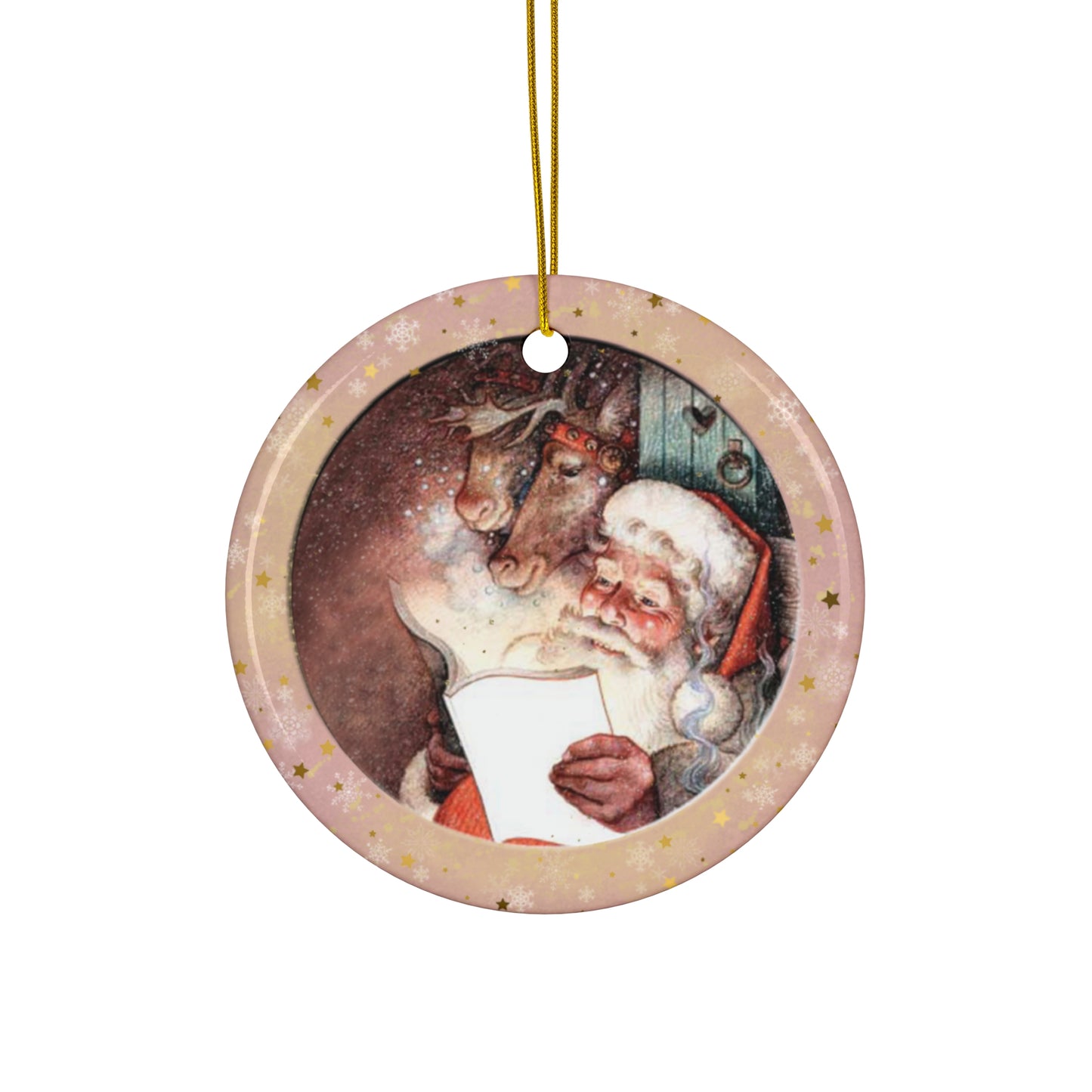 Santa And Reindeer Ceramic Disc Ornament        Item #1866185