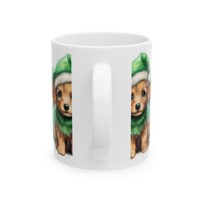 Cute Puppy Christmas Mug — Adorable Dog in Green Santa Hat 11oz  Item #664681
