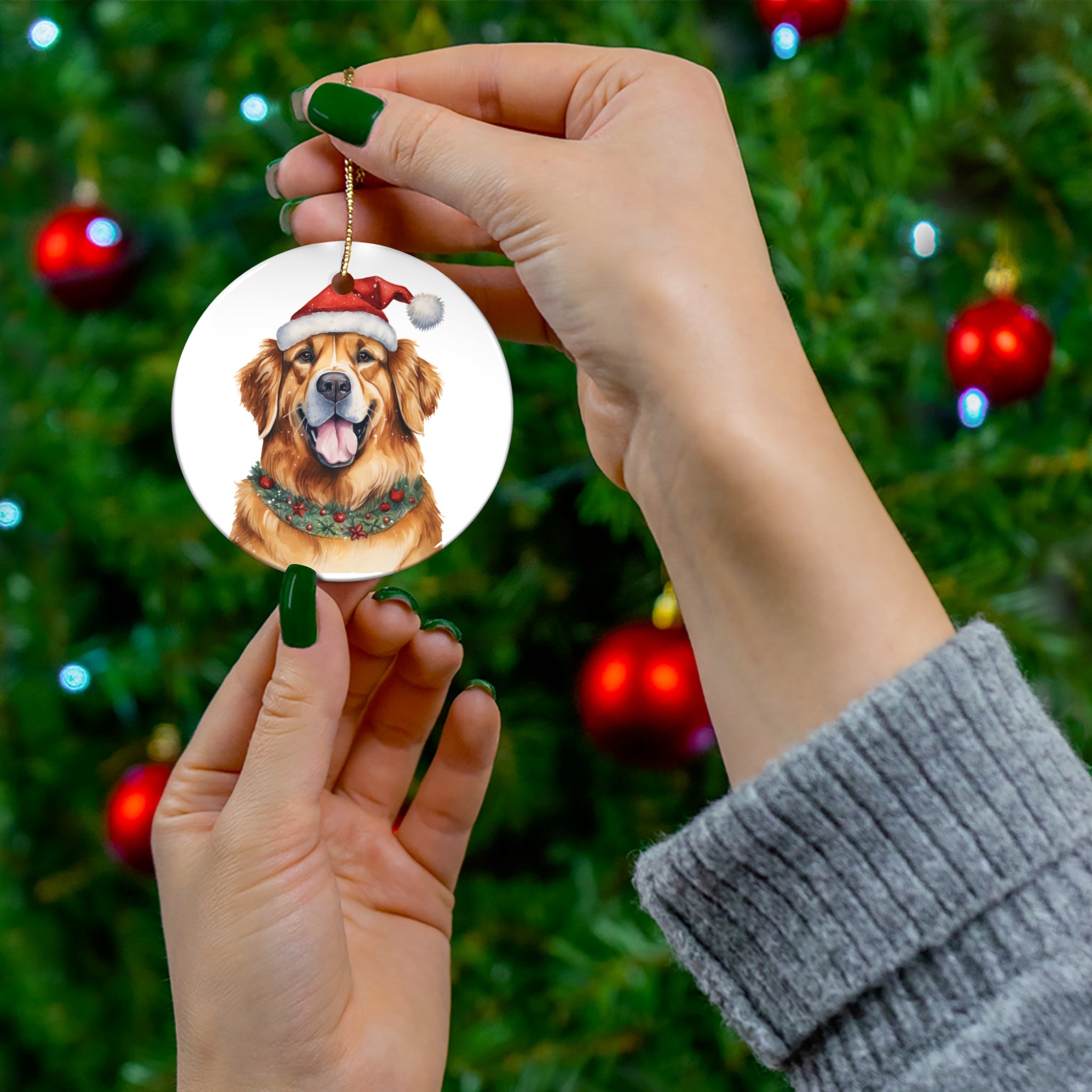 Dog With Christmas Sweater Ceramic Disc Ornament          Item #246125