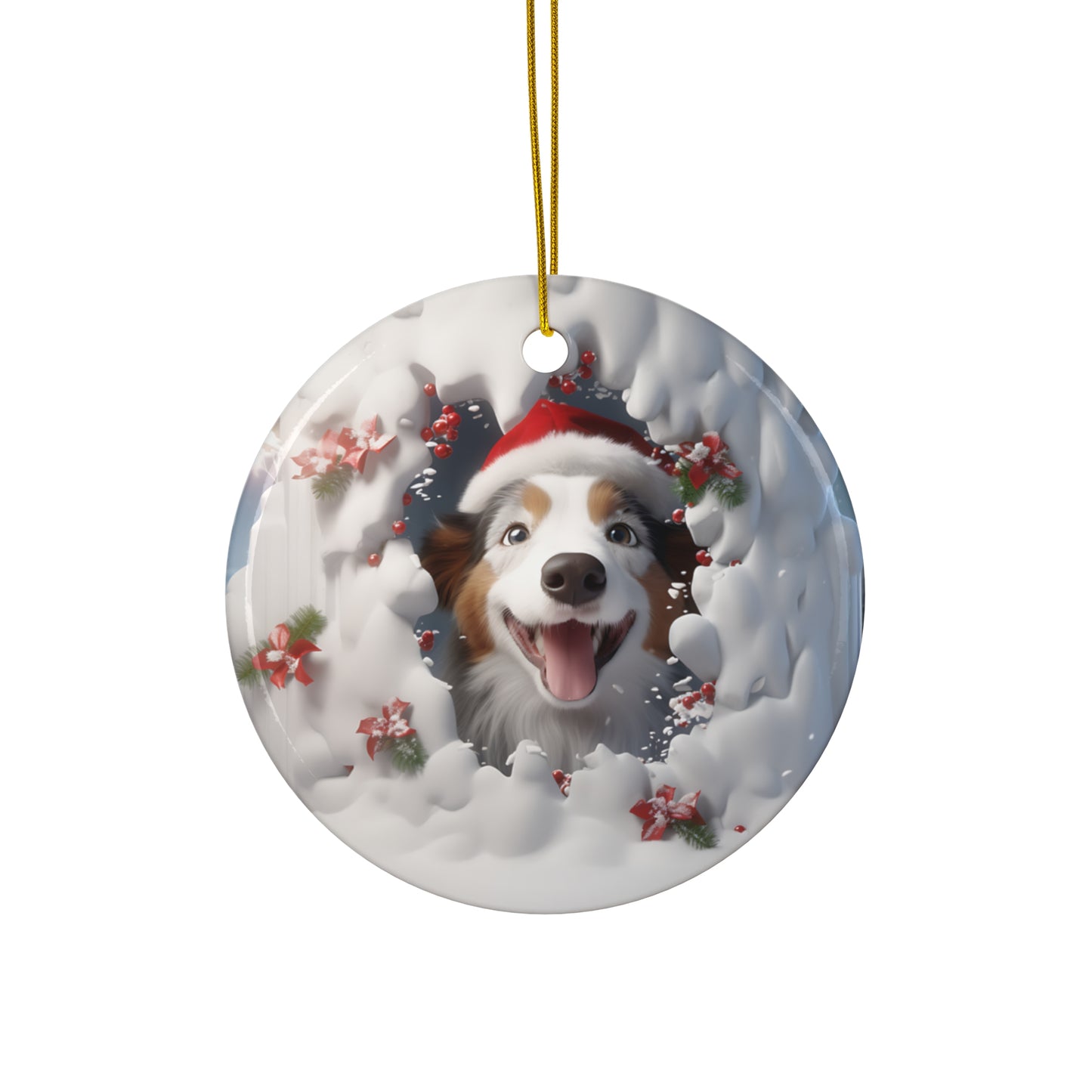 3D Dog With Santa Hat Breaking Out Ceramic Disc Ornament              Item #6608718