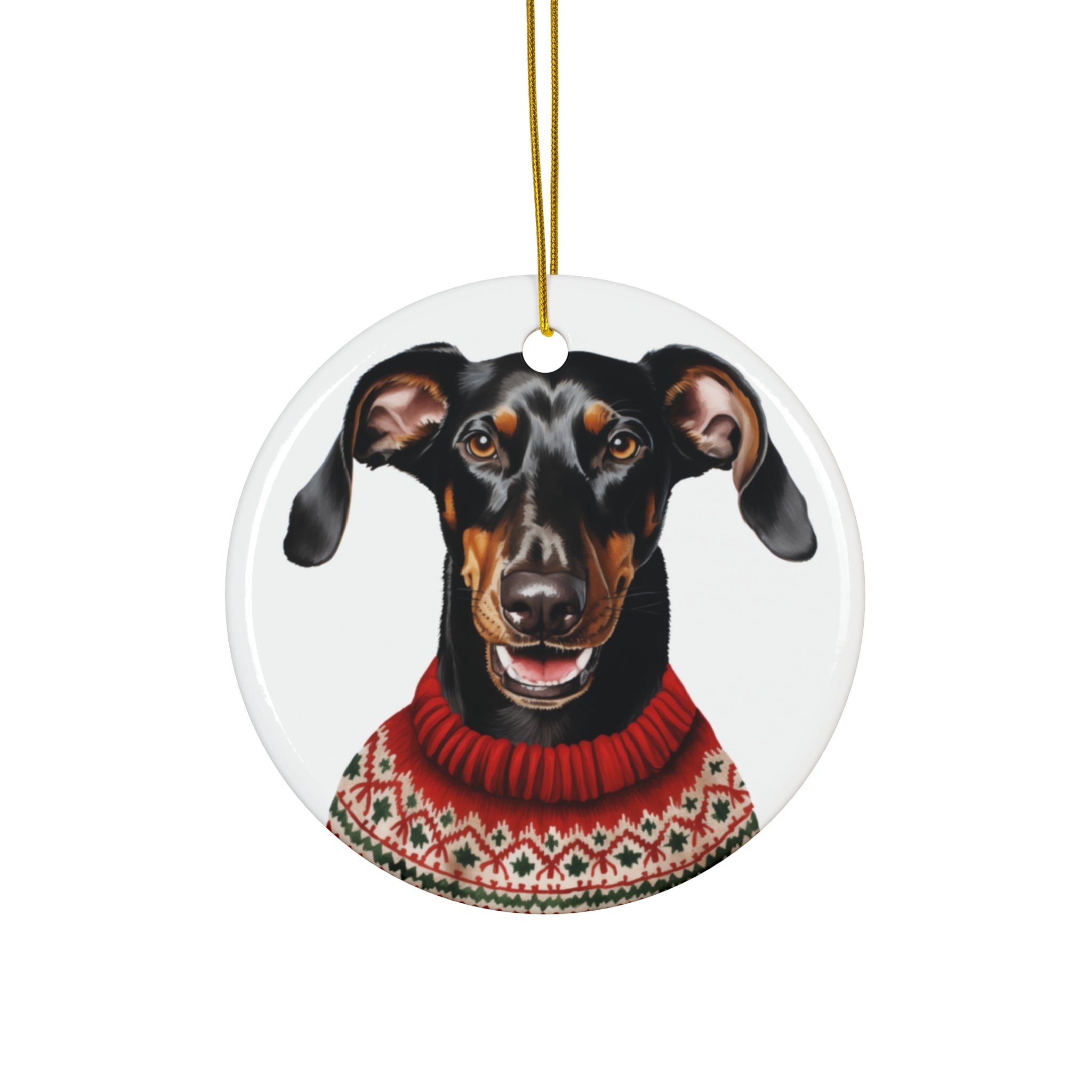 Dog With Christmas Sweater Ceramic Disc Ornament             Item #6804797