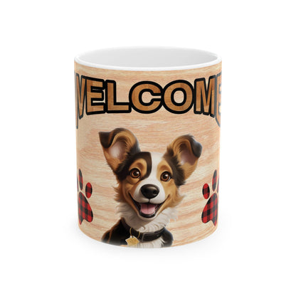 Welcome Puppy Mug — Cute Happy Dog Paw Print Ceramic Coffee Cup 11oz    Item #845317
