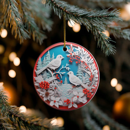 Ceramic Christmas Ornament with Winter Birds and Red Berries   Item #909837