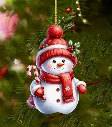 Snowman With Candy Cane Christmas Ornament By Santa's Creations
