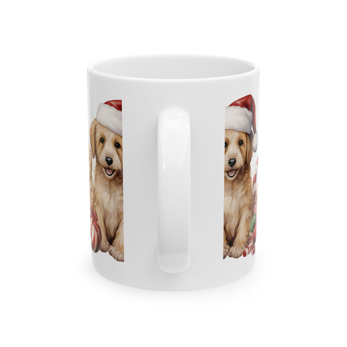 Christmas Puppy Ceramic Mug — Cute Golden Retriever with Santa Hat & Holiday Treats 11oz  Item #561022