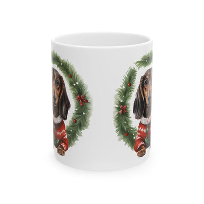 Dachshund Christmas Mug – Festive Wreath & Sweater Holiday Coffee Cup 11oz    Item #182928