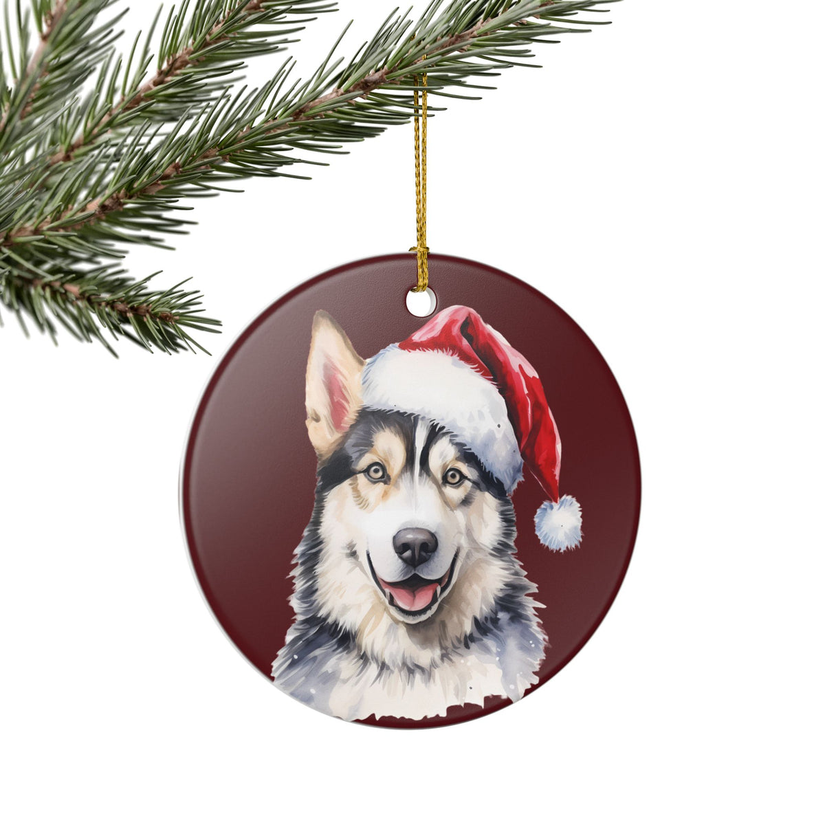 Santa Hat Husky Christmas Ceramic Ornament   Item #17732