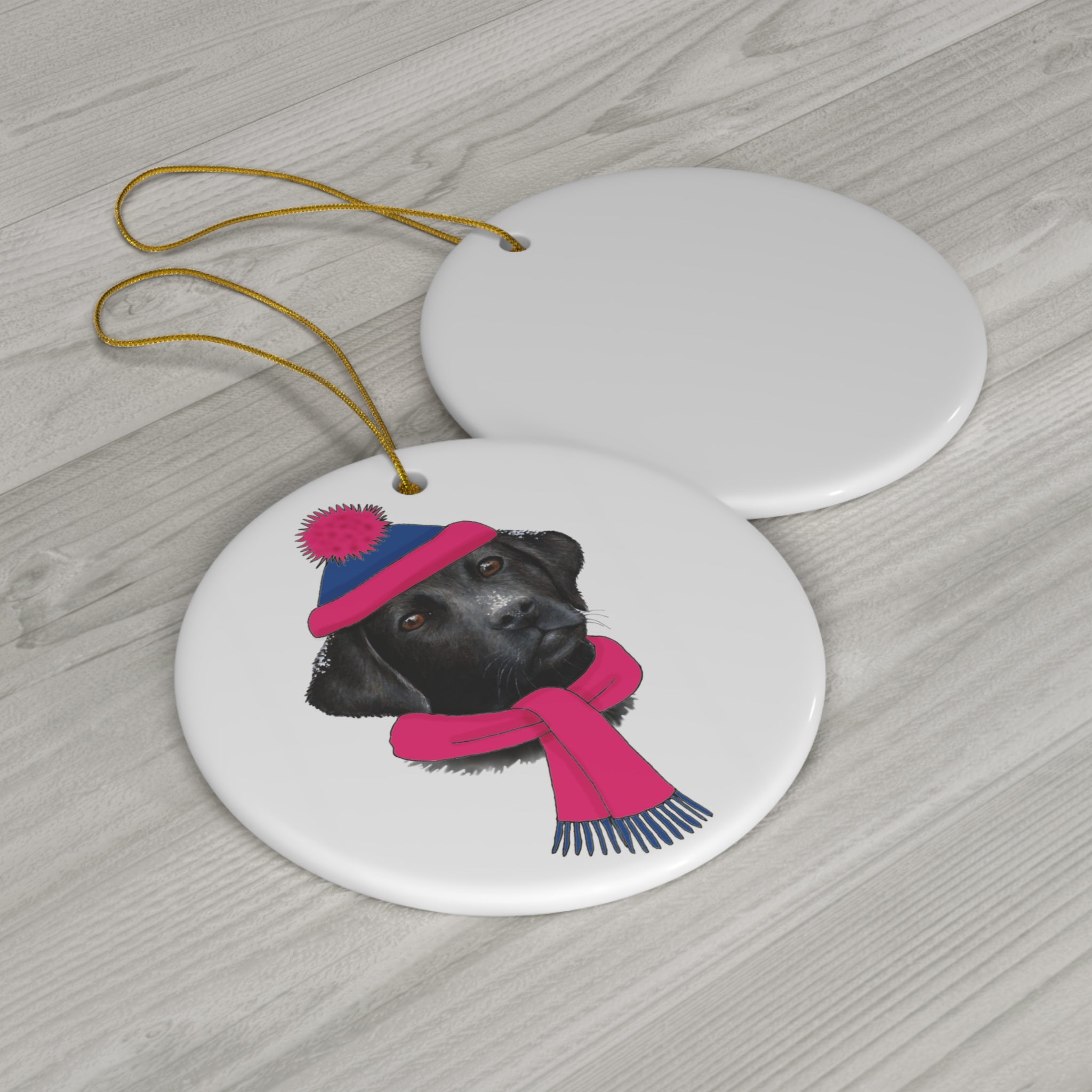 Lab In Pink/Blue Winter Gear Ceramic Disc Ornament            Item #9198958