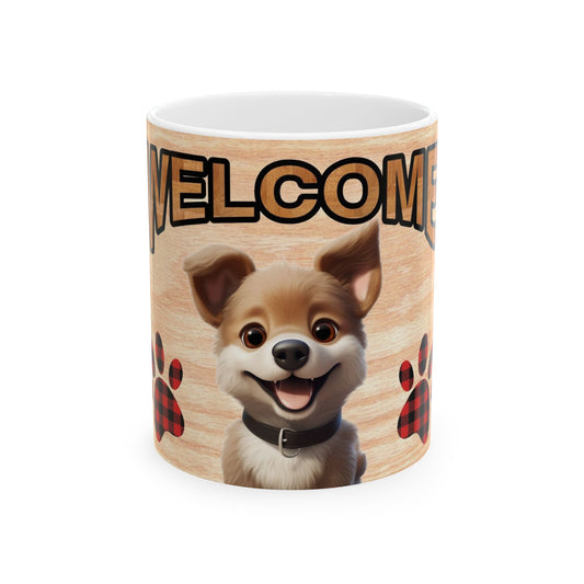 Welcome Dog Illustration Ceramic Mug – Cute Paw Print Coffee Cup 11oz    Item #65801