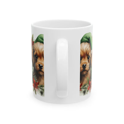 Cute Puppy Christmas Mug – Holiday Cavalier Puppy with Elf Hat 11oz   Item #286294