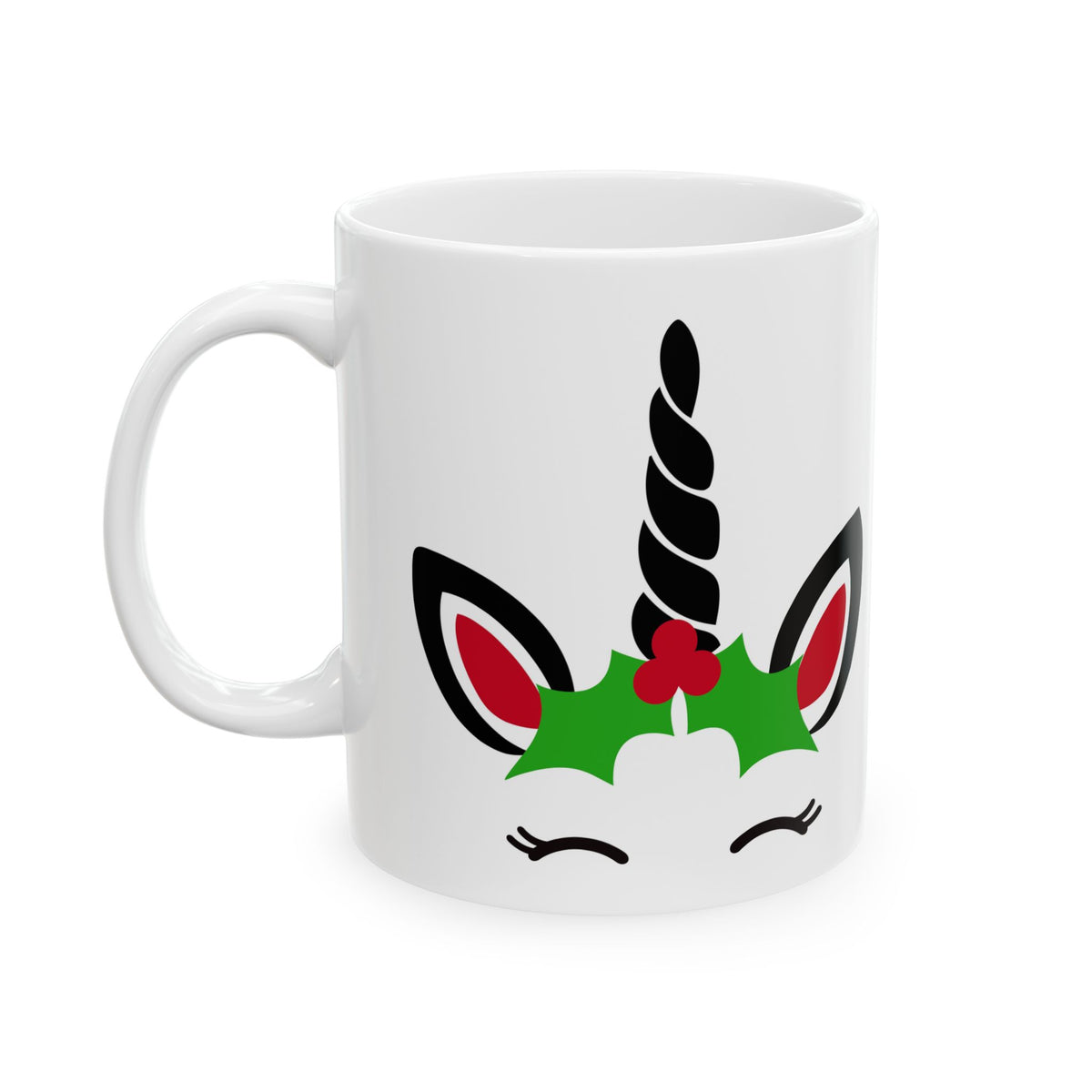 Christmas Unicorn Ceramic Mug – Cute Holiday Unicorn Horn & Holly Design 11oz   Item #32273