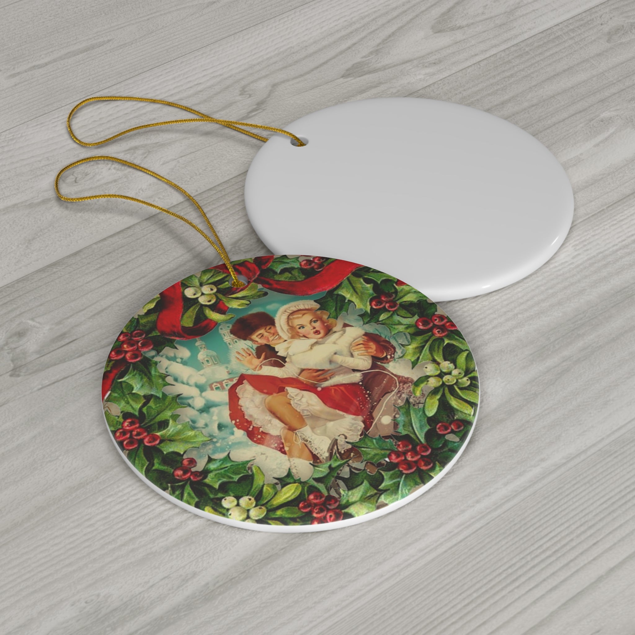 Christmas Scene People Ceramic Disc Ornament        Item #2034435 - Buckshot's Bargain Barn