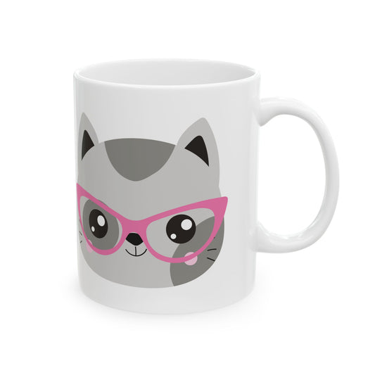 Cat with Pink Glasses Ceramic Mug — Cute Cat Lover Coffee Cup 11oz  Item #869499