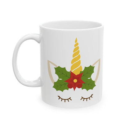 Christmas Unicorn Mug — Cute Holiday Unicorn with Holly Design 11oz    Item #516004