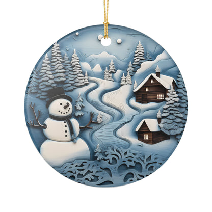 Ceramic Christmas Ornament – Snowy Winter Wonderland with Snowman and Cabins    Item #849978