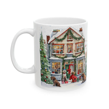 Christmas Village With Dogs Ceramic Mug with Decorated Trees and Cozy Winter Scene 11oz   Item #712165
