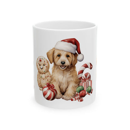 Christmas Puppy Ceramic Mug — Cute Golden Retriever with Santa Hat & Holiday Treats 11oz  Item #561022