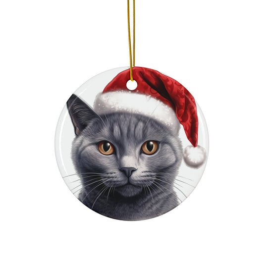 Russian Blue Cat With Santa Hat Ceramic Ornament      Item #6053397