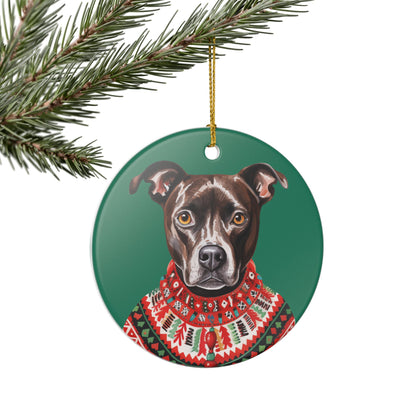 Festive Pit Bull Christmas Sweater Ceramic Ornament   Item #739608