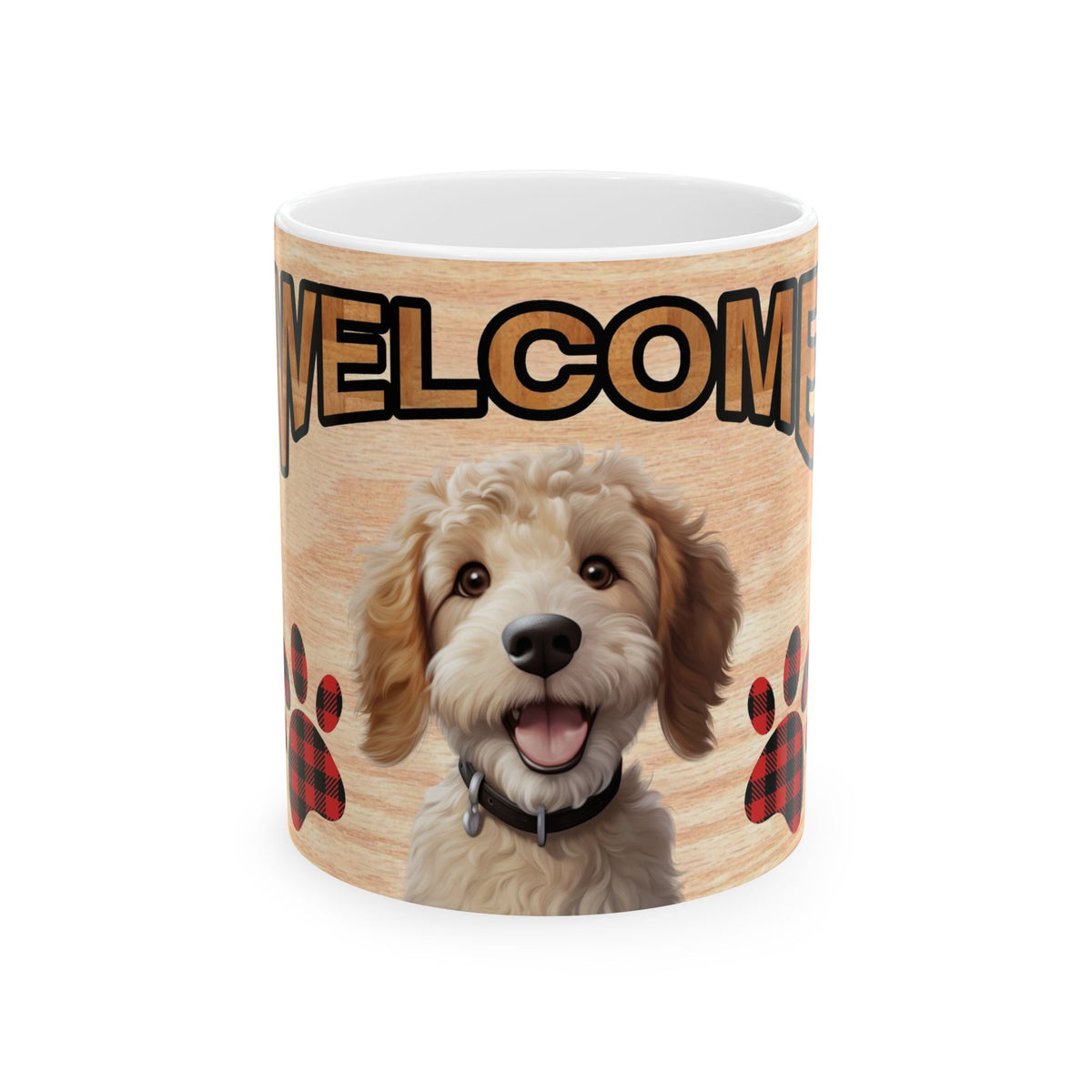 Welcome Puppy Ceramic Mug – Cute Goldendoodle Paw Print Coffee Cup 11oz    Item #224574
