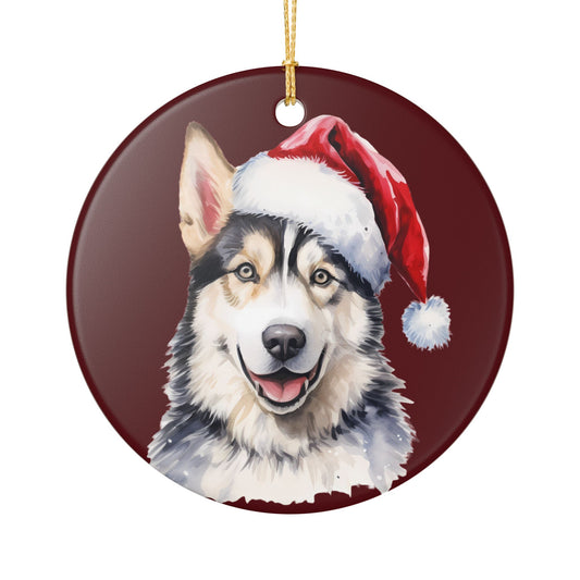 Santa Hat Husky Christmas Ceramic Ornament   Item #17732